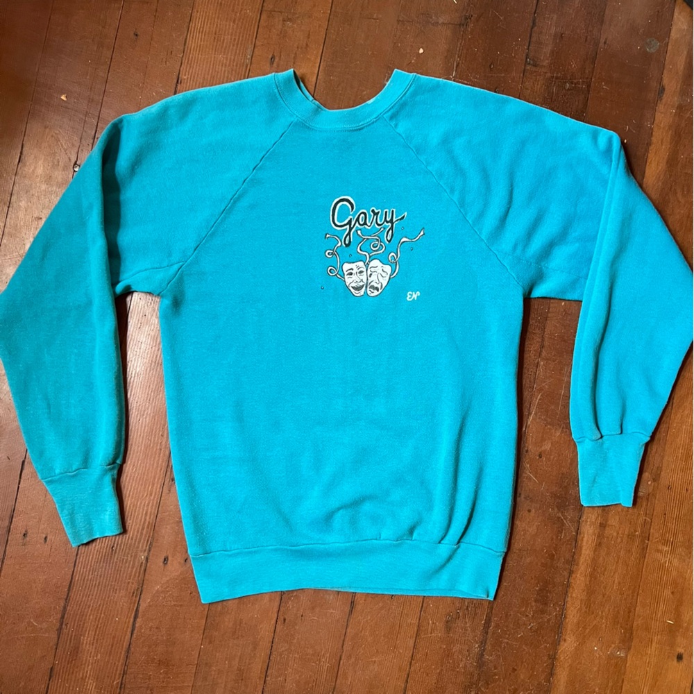 American Folk Art hand-painted Vintage Teal Crewneck Sweater
